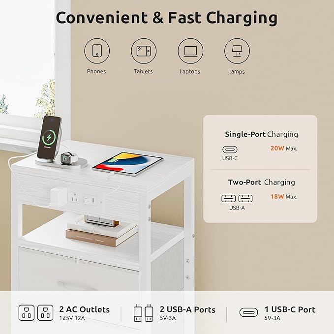 NightStand Bedside Charging Table Bedroom - White Night Stand with Charger Station, USB-C USB Ports & AC Outlets for Dorm, Modern End Table with Open Shelf & 3 Fabric Drawers