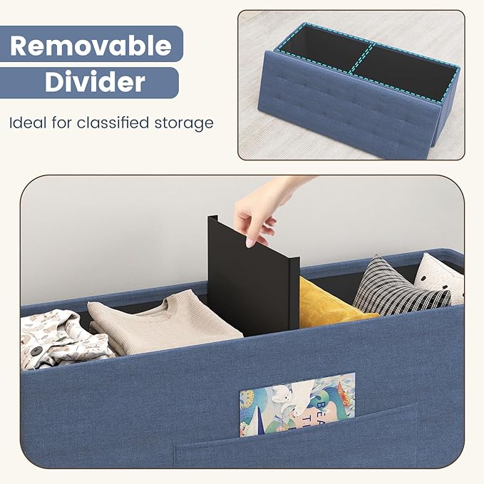 Giantex Storage Ottoman Bench, 43"L Folding Foot Rest Storage Chest with Side Pocket, Divider, Padded Seat Shoe Bench for Living Room Bedroom Hallway Entryway End of Bed (Navy)
