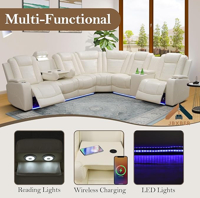 Power Recliner Sectional Sofa Set, Creamy Leather Sectional Couch for Living Room, L Shape Reclining Sofa with Cup Holder, Hidden Storage, Drop-Down Table for House(6 Seat)