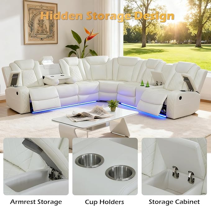 Leather Power Recliner Sectional Sofa Set with LED Light,L Shaped Leather Couch Set with 5 Recliner Seats,Modular Sofa with USB Port for Living Room Furniture(White,Sectional+Loveseat+Chair)