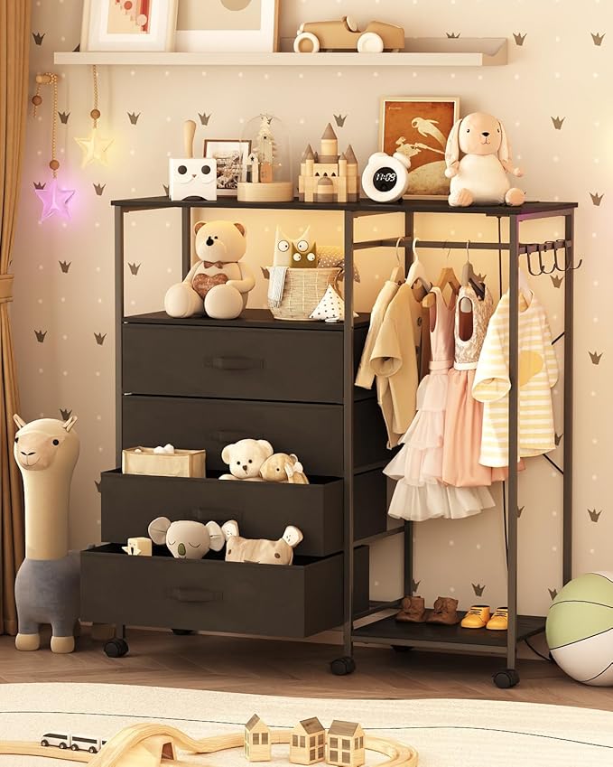 Dresser for Bedroom with Clothes Rack, 4 Drawers Dresser with Charging Station and LED Lights, Storage Chest of Drawers with Wheels, Wooden Top, for Closet, Living Room, Hallway, Black