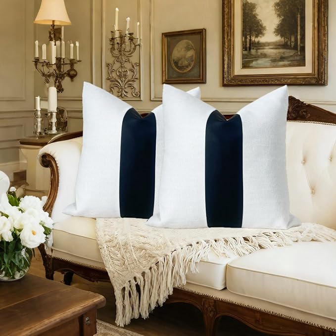 Slow Cow Black Faux Leather and Off White Linen Patchwork Throw Pillow Covers Stripe Cushion Covers 18 x 18 Inches