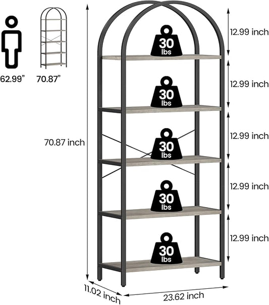 GarveeHome Arched Bookshelf 5 Tier Tall Bookcase Modern Standing Bookshelves Metal Storage Rack Shelf Wood Book Shelf for Bedroom, Living Room, Home Office (Grey)