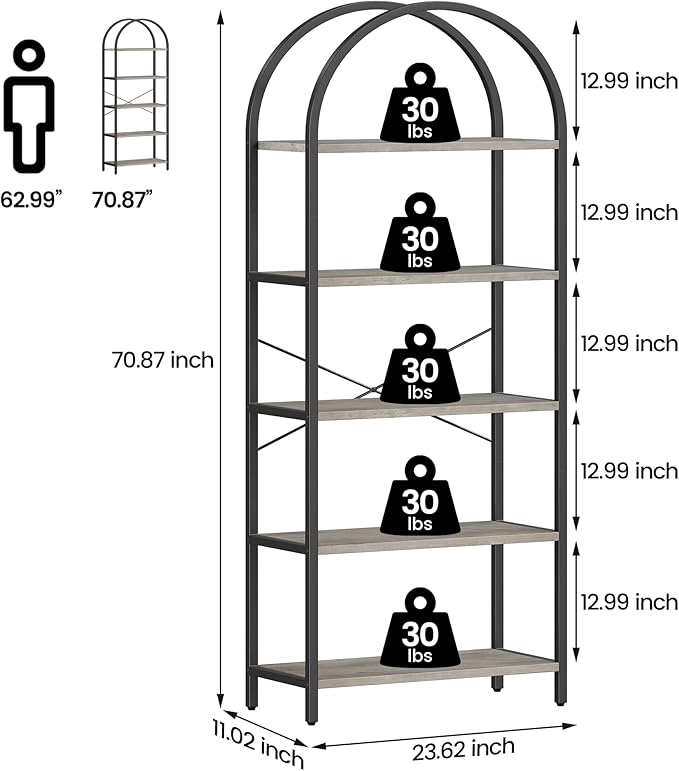 GAOMON 5 Tier Bookshelf Arched Bookcase Modern Standing Bookshelves Tall Display Racks Metal Book Shelf for Bedroom, Living Room, Home Office
