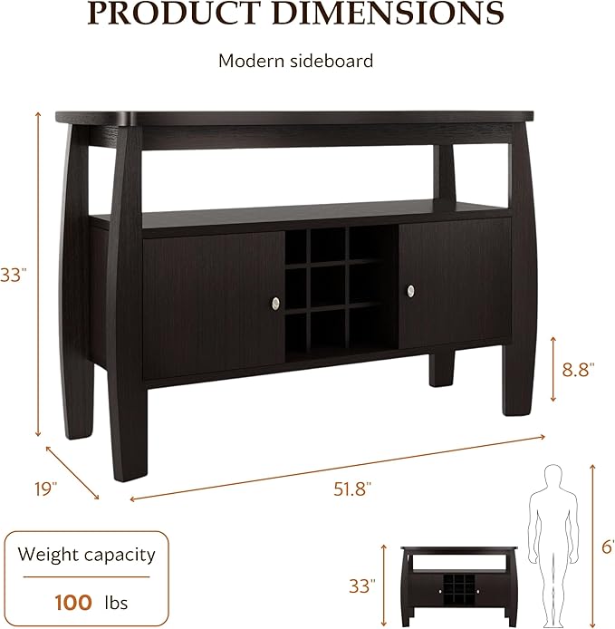 Furniture of America Clyton Modern Kitchen Buffet Storage Cabinet with Doors and Shelves, Wood Sideboard Table, Coffee Bars & 9 Grid Wine Rack, for Dining, Living Room, Dark Espresso