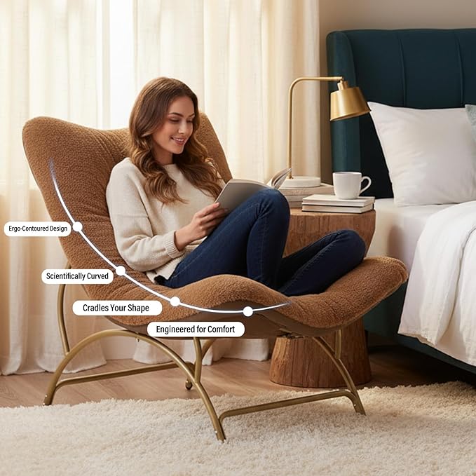 Tiita Accent Lazy Chair, Comfy Lounge Chair with Metal Frame and Plush Fabric, Spacious Seat Cozy Recliner Chair for Reading Room, Living Room, Bedroom, Office, Brown
