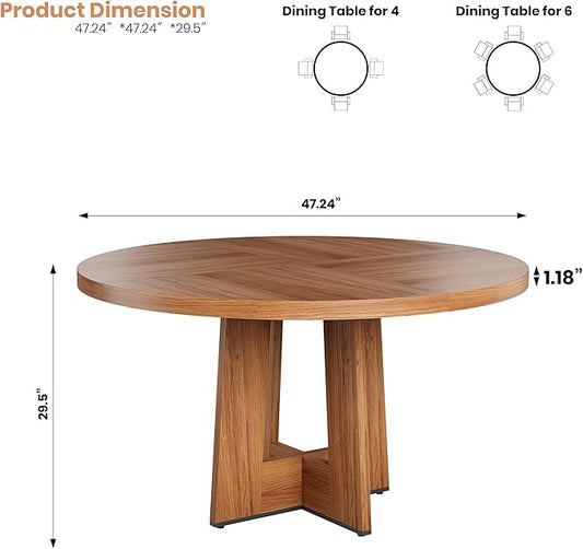 IDEALHOUSE 47" Round Dining Table, Kitchen Table for 4-6 People, Circle Tables with Sturdy Pedestal Base, Space Saving Dinning Room Furniture for Living Room, Kitchen, Brown