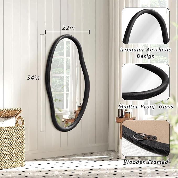JJUUYOU Irregular Mirror Black Asymmetrical Wooden Wall Mirror 34"x22" Large Home Decorative Wall Mounted Vanity Hanging Mirrors for Bathroom Dressing Room Living Room