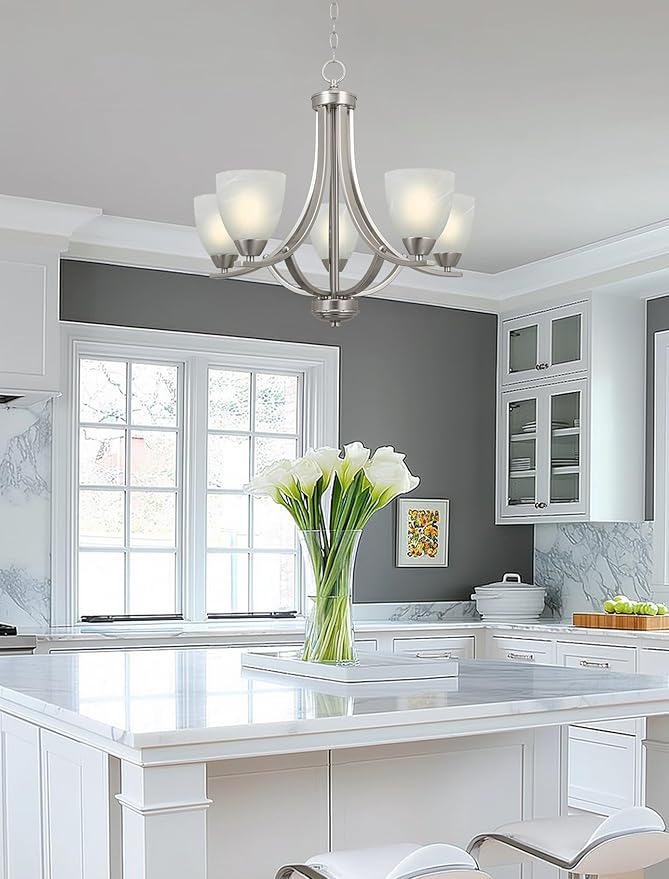 Kira Home Weston 24" Contemporary 5-Light Large Chandelier + Alabaster Glass Shades, Adjustable Chain, Brushed Nickel Finish