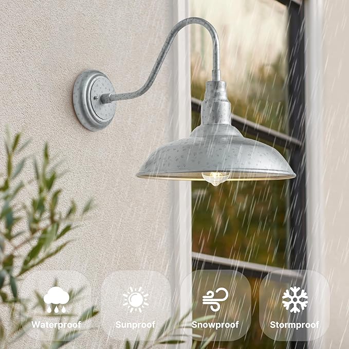 10in Dome Outdoor Gooseneck Barn Light, 2 Pack Silver Exterior Porch Gooseneck Wall Mount Lighting Fixture, Farmhouse Style Outside Barn Wall Sconce for House, Garage, Waterproof