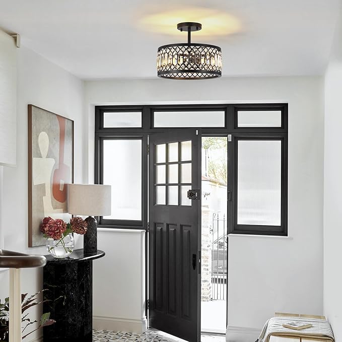 12.6" Crystal Semi Flush Mount Ceiling Light Fixture, 3-Light Antique Black Hallway Light Fixtures, Round Chandelier for Bathroom Entryway Closet Bedroom Kitchen Dining Room