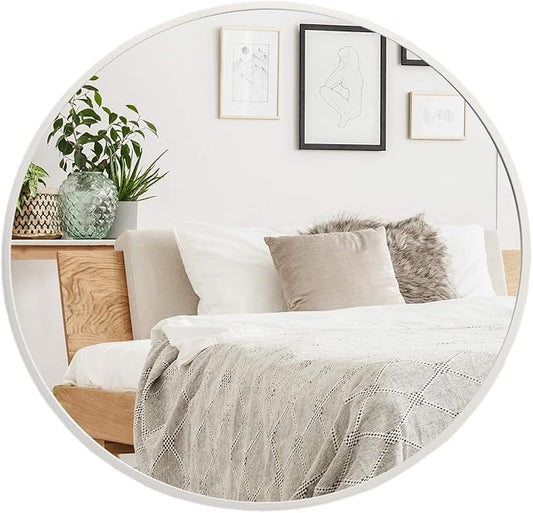 Muzilife 24" Round Mirror, Bathroom Circle Mirror, Silver Wall Mirrors with Modern Brushed Metal Frame, Suitable for Wall Hanging Decoration, Living Room, Bedroom