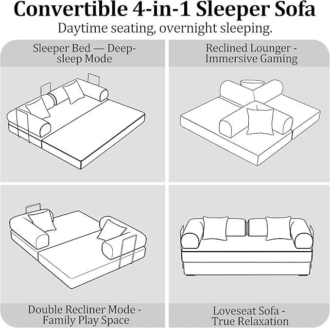 59'' Convertible Compressed Corduroy Folding Sofa Bed, Modern Boneless Pull Out Loveseat Sleeper in a Box, 4 in 1 Floor Mattress Futon Cloud Couch, No Assembly Needed, Navy Blue, 2 Pillows, Queen