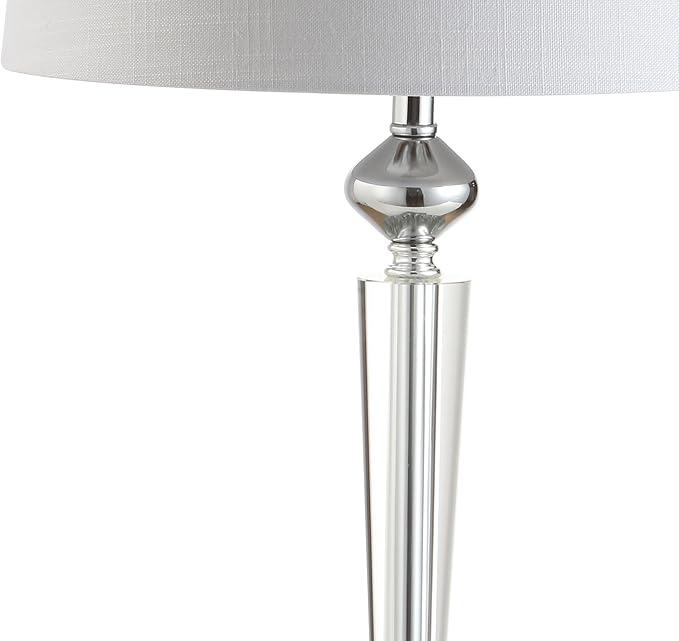 JONATHAN Y 28.25" Clear Crystal Table Lamp, Chrome Candlestick Base with White Linen Drum Shade, Traditional French Country Lamp for Living Room, LED Bulb Included JYL2051A