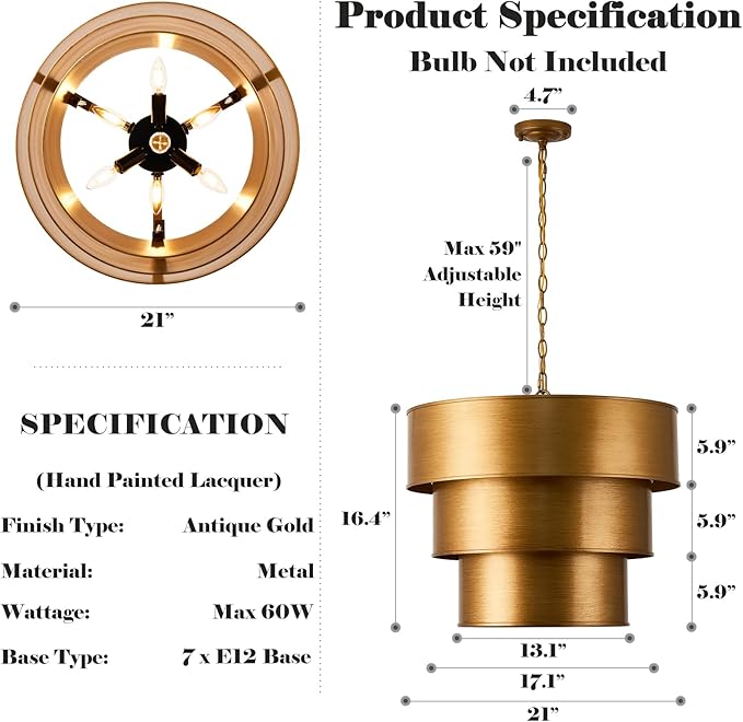 21" Vintage Metal Drum Chandelier, 7-Light E12 Industrial Adjustable Chain Hanging Pendant Light Fixtures. 3 Layer Lampshade Gold Metal Drum Chandelier for Foyer Entryway, Kitchen, Bedroom