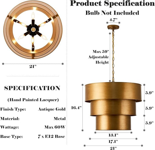 21" Vintage Metal Drum Chandelier, 7-Light E12 Industrial Adjustable Chain Hanging Pendant Light Fixtures. 3 Layer Lampshade Gold Metal Drum Chandelier for Foyer Entryway, Kitchen, Bedroom