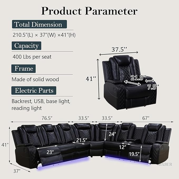 Power Recliner Sectional Sofa Set, Black Leather Sectional Couch and 2 Chairs for Living Room, L Shape Reclining Sofa with Cup Holder, Hidden Storage, Coffee Table for House(7 Seat)