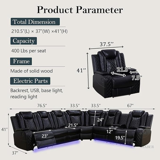 Power Recliner Sectional Sofa Set, Black Leather Sectional Couch and Chair for Living Room, L Shape Reclining Sofa with Cup Holder, Hidden Storage, Coffee Table for House(7 Seat)