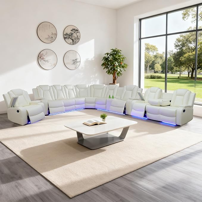 Leather Power Recliner Sectional Sofa Set with LED Light,L Shaped Leather Couch Set with 5 Recliner Seats,Modular Couch with USB Ports for Living Room Furniture(White, Sectional+Sofa+Chair)