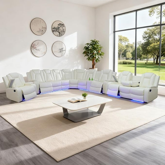 Leather Power Recliner Sectional Sofa Set with LED Light,L Shaped Leather Couch Set with 5 Recliner Seats,Modular Couch with USB Ports for Living Room Furniture(White, Sectional+Sofa+Chair)
