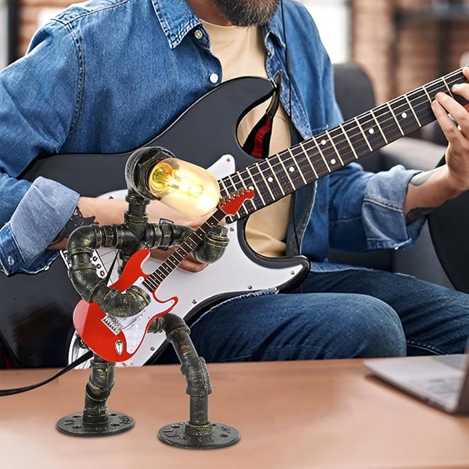 Steampunk Table Lamp with Mini Electric Guitar, Cool Gifts for Music Lovers, Creative Steampunk Lamp Electric Guitar Table Lamp Decor Retro Light Industrial Robot Light