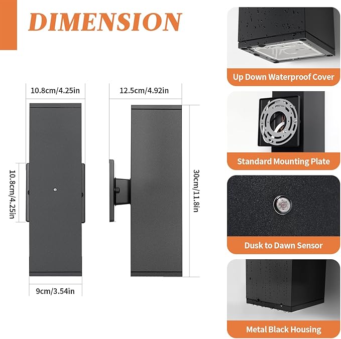 Dusk to Dawn Outdoor Lighting, LED Square Up and Down Outdoor Sconce Lights, Matte Black Exterior Lighting Fixtures with 7W LED Bulbs, Front Porch Lights for house, Garage, Patio, Doorway, 6 Pack
