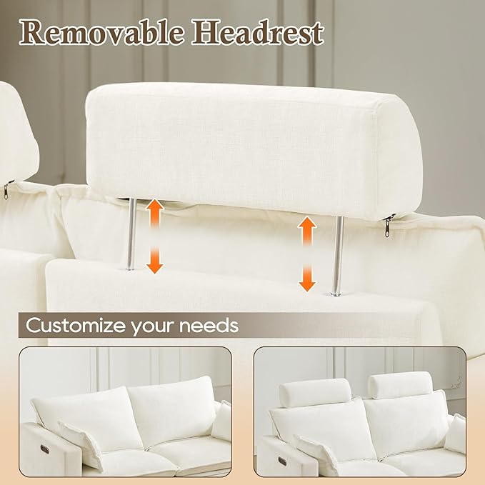 3-Seat Power Reclining Sofa with Under-Seat Storage, USB Ports, Chenille Upholstery, Removable Headrests & Throw Pillows, Power Reclining Couch for Living Room (Cream)