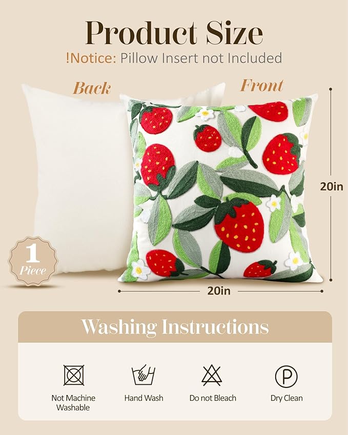 Embroidered Throw Pillow Cover - 20x20 Decorative Pillow Cover with Zipper Aesthetic Cute Design Boho Spring Summer Throw Pillowcase for Living Room Couch Sofa Bed, Leaf Strawberry