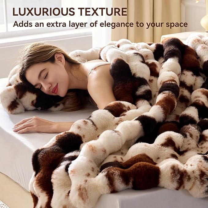 Faux Fur Throw Blanket, 1000GSM Fluffy Soft Bubble Blanket for Couch Bed, Cozy Plush Warm and Thick Blanket, Fuzzy Rabbit Throw for Living Room Bedroom 90''*104'' Cow Brown