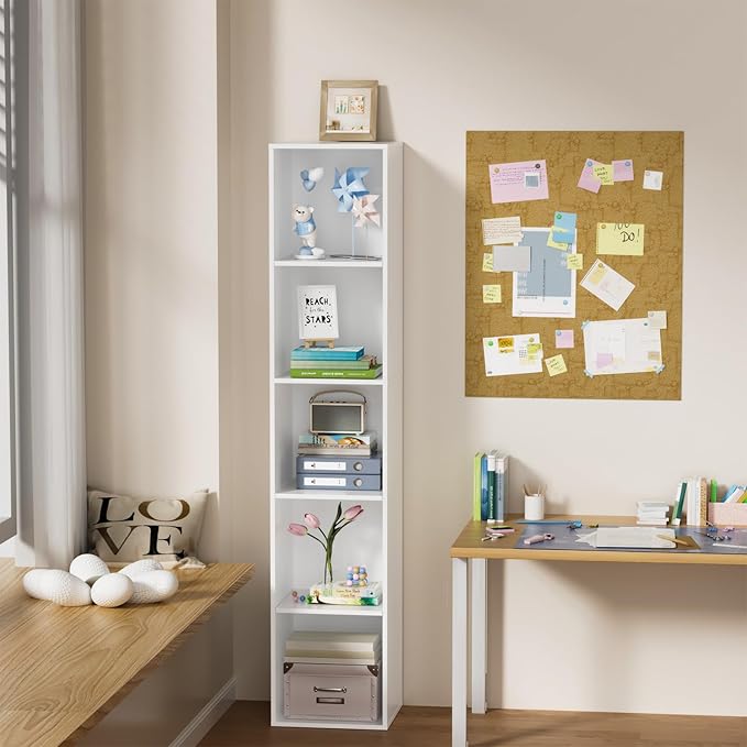 5 Tier Bookshelf, Open Tall Narrow Floor Standing Bookcase, Wooden Book Shelf Display Organizer for Home Office, Study (White, 5 Cube)