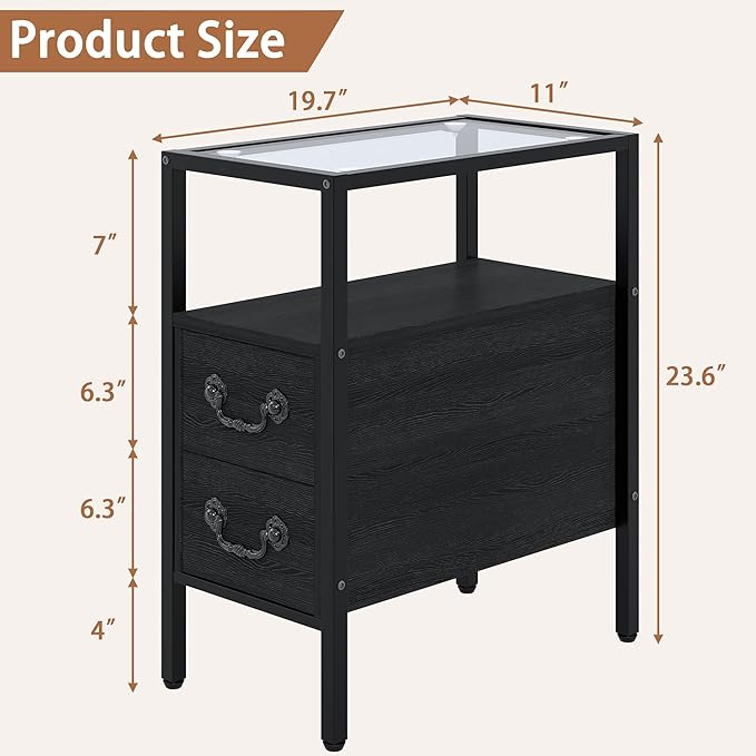 VECELO Narrow Side Table, Night Stand Sofa Table with Glass Top,Bedside End Tables with Storage Drawers,Wood Nightstand for Small Spaces Living Room Bedroom,Black