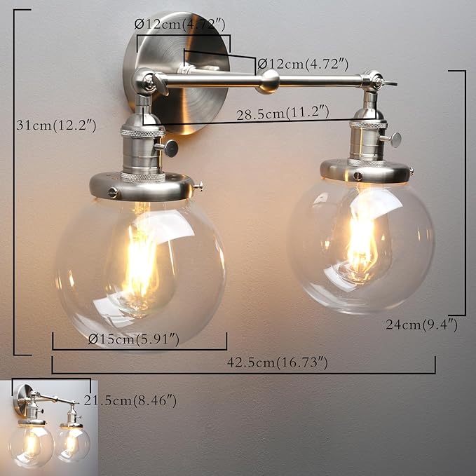 PERMO Double Sconce Vintage Industrial Antique 2-Lights Wall Sconces with Dual Mini 5.9" Round Clear Glass Globe Shade (Brushed Nickel)