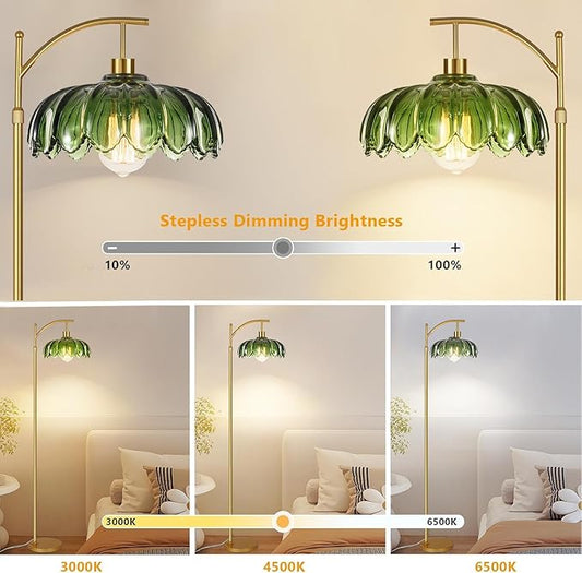 Gold Floor Lamps for Living Room,Glass Floor Lamp with Remote Control & Green Lampshade,Arc Flower Lamp Dimmable Mid Century Modern Standing Lamp Vintage Brass Tall Floor Lamp For Bedroom Corner