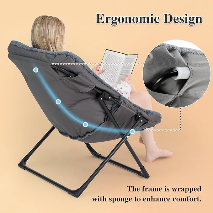 Comfy Saucer Chair for Adults, Soft Faux Fur Bedroom Chair with Ottoman, Accent Dorm Chairs, Living Room Reading Chairs and Footstool, Folding Seat for Teens, X-Large, Navy Blue