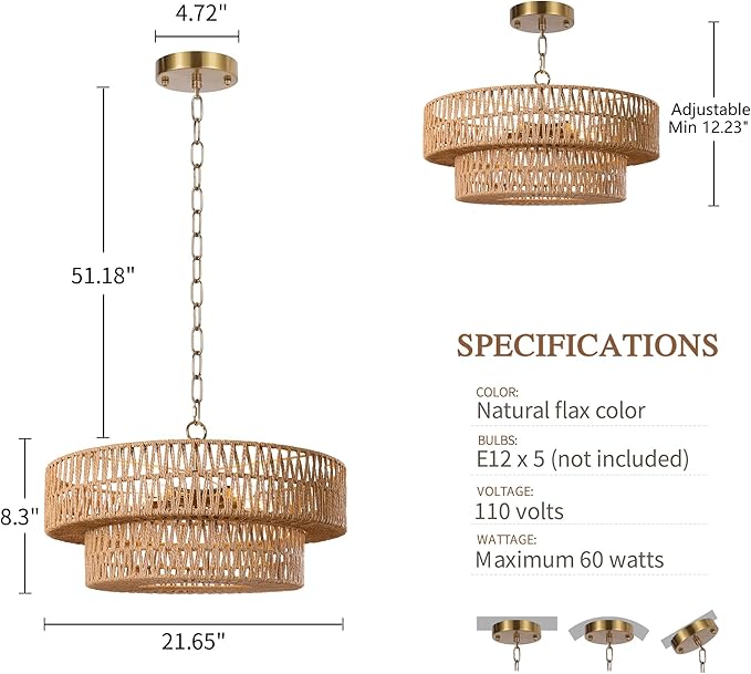 LamQee 22 Inch Farmhouse Rattan Chandeliers, 5 Lights Boho Chandelier Light Fixture with Hand Woven Wicker Shade, Large Rattan Pendant Lights Ceiling Hanging Lighting for Dining Room Kitchen Island