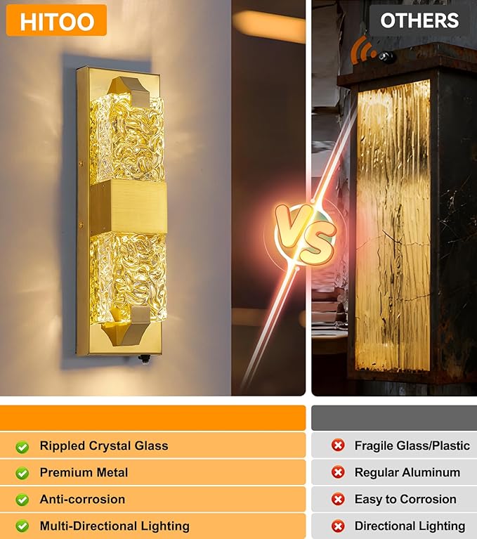 Dusk to Dawn Outdoor Lighting 2 PCS 15.6'' Porch Lights Outdoor IP65 Waterproof Gold Exterior Lighting Fixtures 12W LED Ripple Crystal Glass Modern Outside Light for House Hallway Doorway Patio
