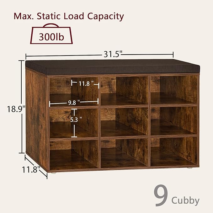 DINZI LVJ Shoe Storage Bench with Cushion, Cubby Rack with 9 Cubbies, Adjustable Shelves, Multifunctional Organizer Bench for Entryway, Mudroom, Hallway, Closet and Garage, Rustic Brown