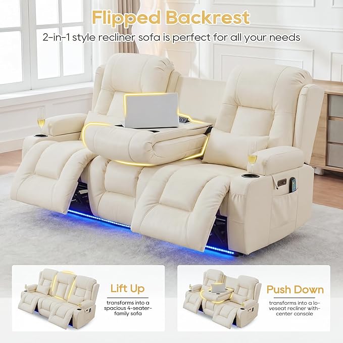 IPKIG Power Recliner Sofa with Flip-Up Backrest Console, USB & USB-C Ports, AC Outlet, LED Lights, Wall Hugger Recliners for Living Room, RV (Off Withe, 76.8" - 3 Seat) | Faux Leather, Zero Gravity, Dual Reclining, 2 Lumabr Pillow