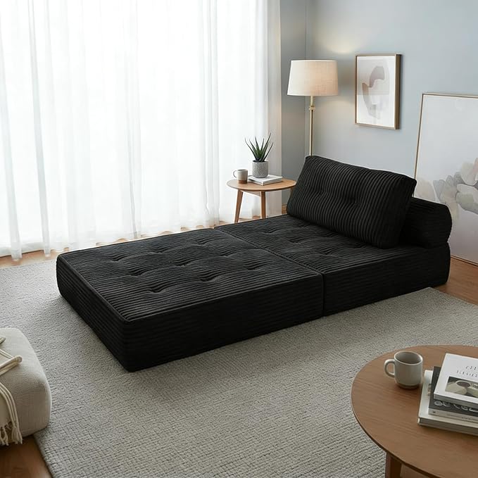 HonTop Folding Sofa Bed, Convertible Couch Chair with Pillow, Boneless Velvet Foldable Sleeper Sofa with Back Support, Portable Fold Out Lounger for Living Room, Apartment & Dorm, Dark Grey Corduroy | Lumbar Pillow