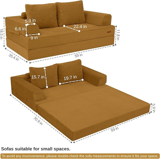COMAX Futon Sofa Bed, Convertible Folding Sofa Bed, Boneless Couch Loveseat Corduroy with Pillows, Small Foldable Floor Couch Comfy Lounge Sleeper for Living Room Bedroom, Orange