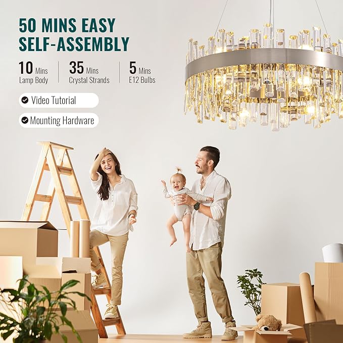 Siljoy 23.6 Inch Modern Crystal Chandelier, Luxury 2-Tiers K9 Crystal Raindrop Chandelier, Dimmable Crystal Pendant Ceiling Light for Dining Room Kitchen Island Entryway Foyer, E12 x 12