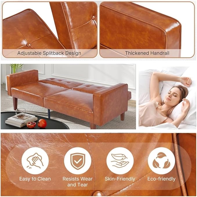 Adjustable Backrest Convertable Sofa, Modern PU Leather 2-Seat Futon Sofa, Convertible Faux Leather Sleeper Couch with Armrests, Couch for Living Room Home Office Spaces