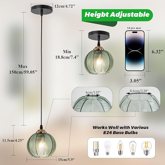 Globe Pendant Light 2 Pack Island Pendant Lights for Kitchen Hand Blown 1-Light Small Glass Pendant Light with Green Ribbed Shade mid Century Pendant lamp for Dining Room Bedroom