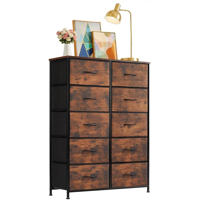 10-Drawer Fabric Dresser, Chest of Drawers Clothes Cabinet for Closet & Bedroom, Storage Organizer with Steel Frame for Entryway, Dorm, Living Room, Brown