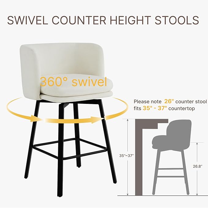 26" H Counter Height Swivel Bar Stools Set of 4, Barrel Counter Stools with Backrest, Linen Fabric Upholstered Barstools with Metal Legs for Kitchen Island,Beige
