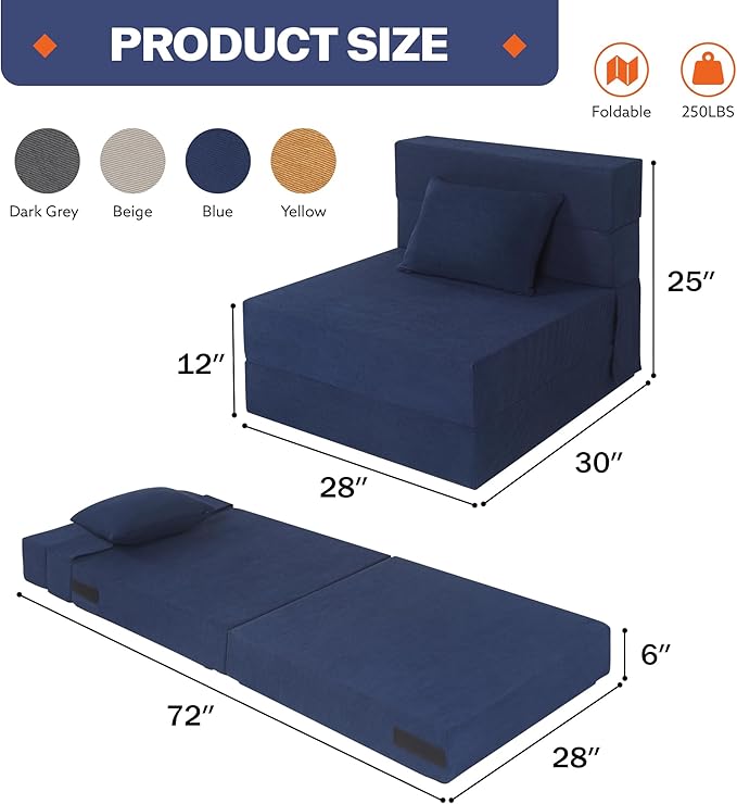 Fvkind Folding Sofa Bed, 4 in 1 Convertible Fold Out Single Chair Bed with Pillow, Memory Foam Futon Chair, Foldable Futon Couch, Foldable Sofa Mattress for Living Room, Bedroom, Guest Room, Blue