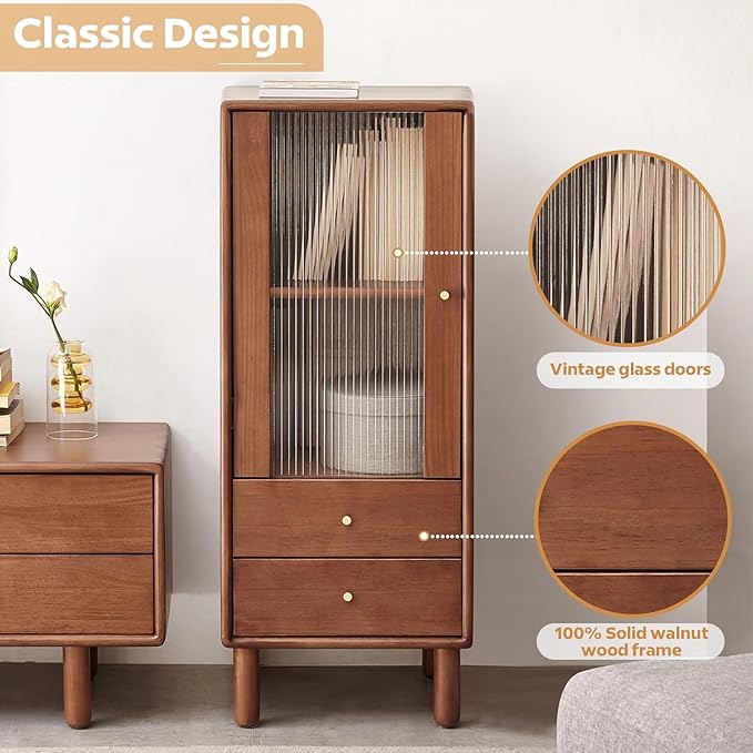 100% Solid Wood Storage Cabinet with Glass Doors and Drawers, Buffet Cabinet with Drawers, for Living Room, Reading Room, Kitchen (14" D x 15" W x 37" H)