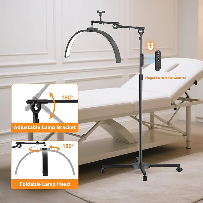 CHICLUX Half Moon Light for Eyelash Extensions, Dimmable LED Lash Light with Phone Holder, Esthetician Lamp with Adjustable Brightness & Height, Wheeled Base, Foldable Lamp Head, Black