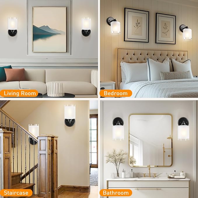 Wall Sconces Set of Two, Rotatable Bathroom Sconces with Thickened Frosted Glass Shades, Modern Vanity Light Wall Mount Lighting Lanterns for Bedroom Living Room Hallway Mirror(Black,E26 Base)