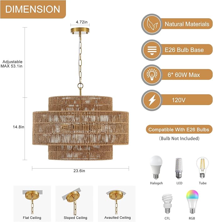 23.6" Rattan Chandelier Light Fixture 6-Light Vintage Farmhouse Hand-Woven Boho Bamboo Rattan Chandelier 3-Tier Drum Wicker Gold Chandeliers for Dining Room, Kitchen, Living Room